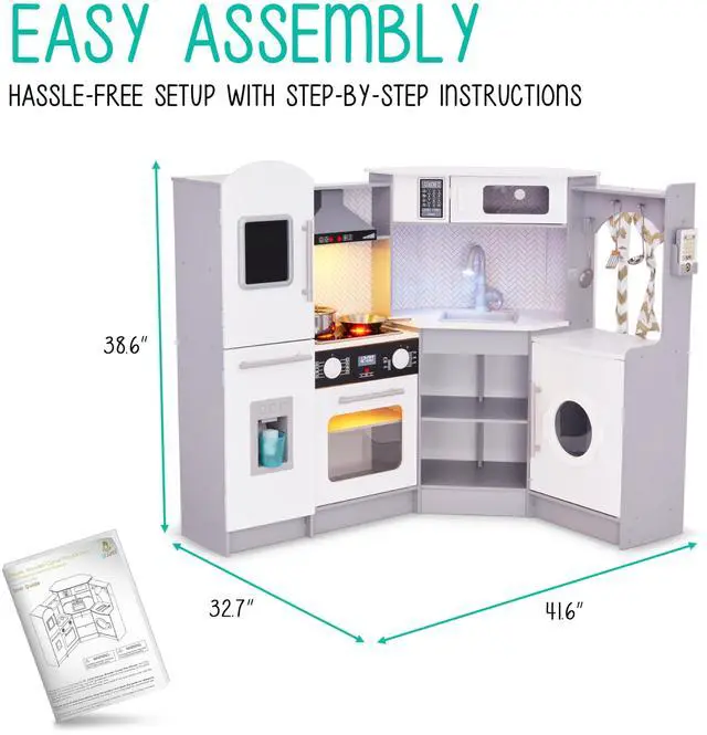 Alt view image 3 of 7 - Lil' Jumbl Kids Corner Kitchen Set, Pretend Wooden Deluxe Play Kitchen, Battery Operated Icemaker, Stovetop & Faucet with Realistic Sound - Grey