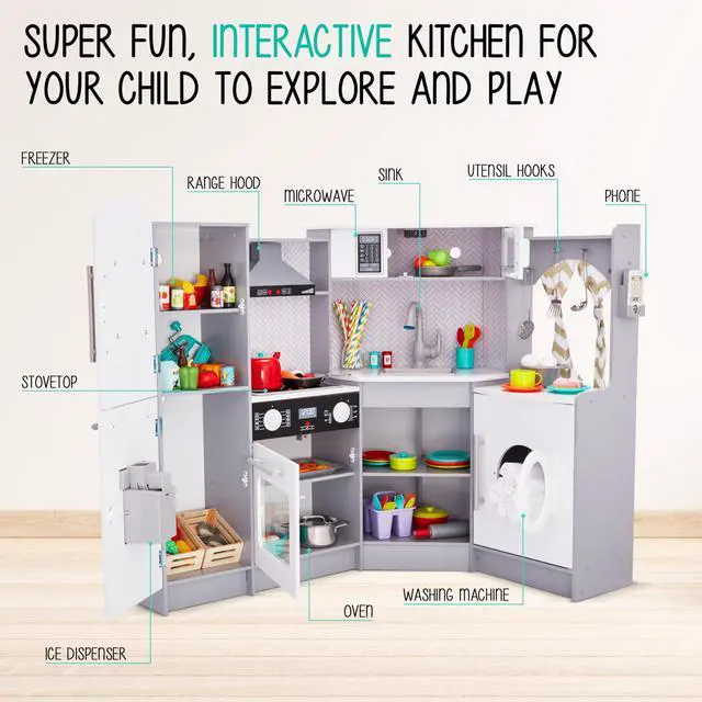 Alt view image 2 of 7 - Lil' Jumbl Kids Corner Kitchen Set, Pretend Wooden Deluxe Play Kitchen, Battery Operated Icemaker, Stovetop & Faucet with Realistic Sound - Grey