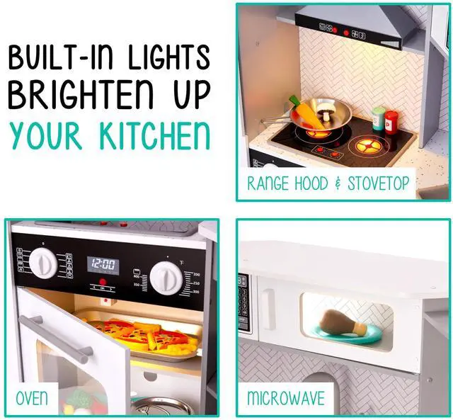 Alt view image 5 of 7 - Lil' Jumbl Kids Corner Kitchen Set, Pretend Wooden Deluxe Play Kitchen, Battery Operated Icemaker, Stovetop & Faucet with Realistic Sound - Grey