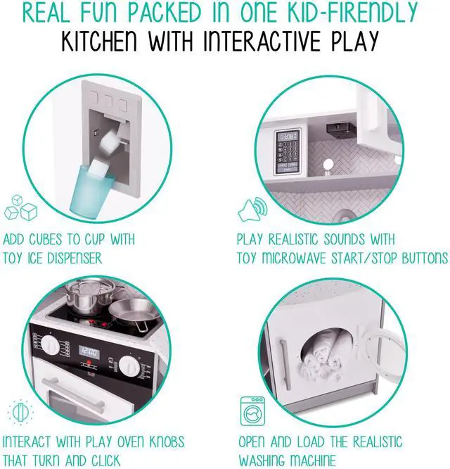 Alt view image 4 of 7 - Lil' Jumbl Kids Corner Kitchen Set, Pretend Wooden Deluxe Play Kitchen, Battery Operated Icemaker, Stovetop & Faucet with Realistic Sound - Grey