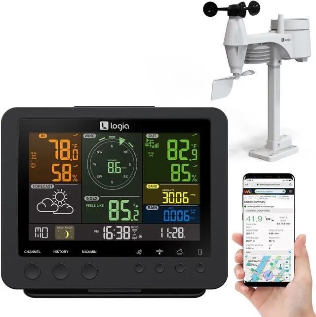 Main image of Logia 15-in-1 Wi-Fi Weather Station with 5-in-1 Sensor Array, Indoor/Outdoor System Temperature, Humidity, Wind Speed/Direction, Rain & More | Wireless LED Console w/Forecast Data, Alerts (Black)