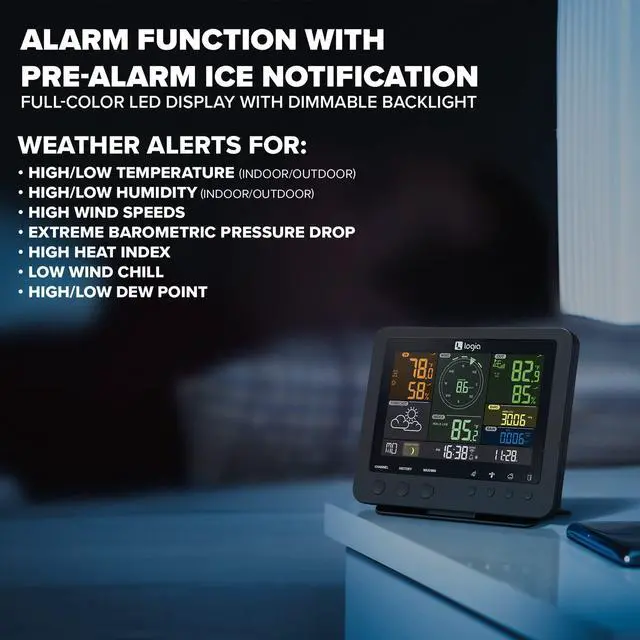 Alt view image 3 of 6 - Logia 15-in-1 Wi-Fi Weather Station with 5-in-1 Sensor Array, Indoor/Outdoor System Temperature, Humidity, Wind Speed/Direction, Rain & More | Wireless LED Console w/Forecast Data, Alerts (Black)