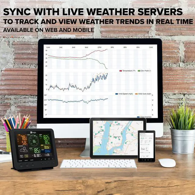 Alt view image 5 of 6 - Logia 15-in-1 Wi-Fi Weather Station with 5-in-1 Sensor Array, Indoor/Outdoor System Temperature, Humidity, Wind Speed/Direction, Rain & More | Wireless LED Console w/Forecast Data, Alerts (Black)