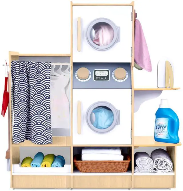Main image of Lil Jumbl Kids Washer and Dryer Playset, Wooden Children's Pretend Laundry Set, Includes Broom, Dustpan, Iron, Hangers & Basket, Realistic Laundry Room for Kids - Natural