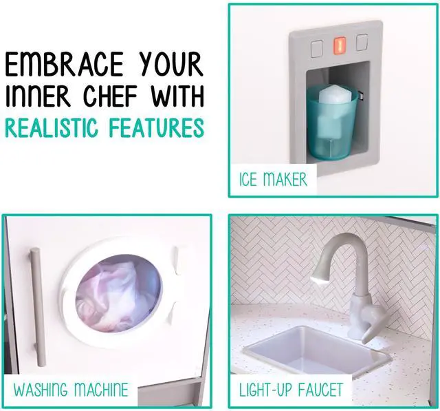 Alt view image 6 of 7 - Lil' Jumbl Kids Corner Kitchen Set, Pretend Wooden Deluxe Play Kitchen, Battery Operated Icemaker, Stovetop & Faucet with Realistic Sound - Grey