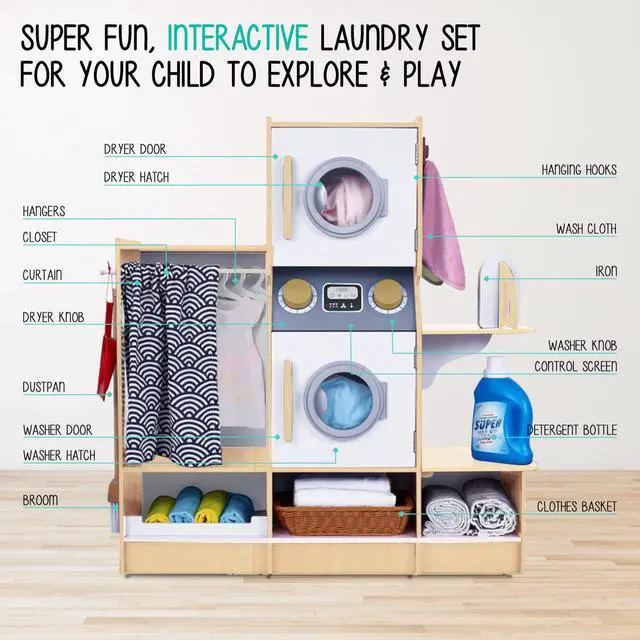 Alt view image 2 of 7 - Lil Jumbl Kids Washer and Dryer Playset, Wooden Children's Pretend Laundry Set, Includes Broom, Dustpan, Iron, Hangers & Basket, Realistic Laundry Room for Kids - Natural