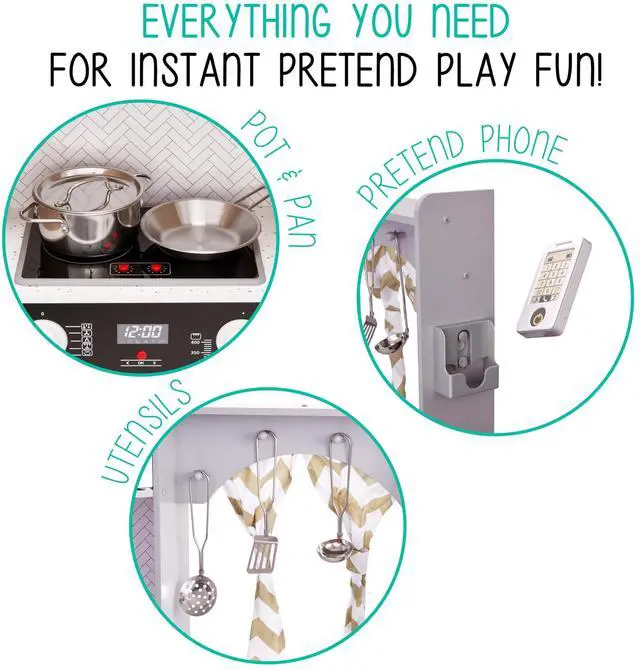 Alt view image 7 of 7 - Lil' Jumbl Kids Corner Kitchen Set, Pretend Wooden Deluxe Play Kitchen, Battery Operated Icemaker, Stovetop & Faucet with Realistic Sound - Grey