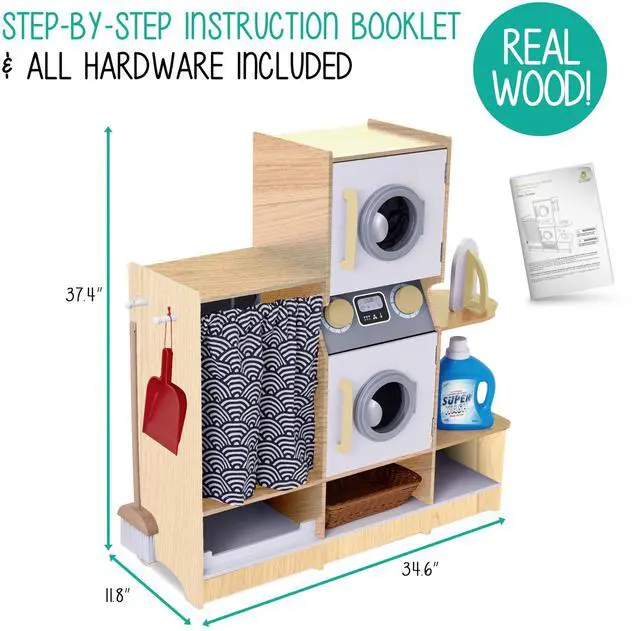 Alt view image 3 of 7 - Lil Jumbl Kids Washer and Dryer Playset, Wooden Children's Pretend Laundry Set, Includes Broom, Dustpan, Iron, Hangers & Basket, Realistic Laundry Room for Kids - Natural