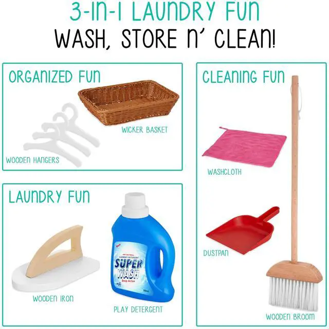 Alt view image 4 of 7 - Lil Jumbl Kids Washer and Dryer Playset, Wooden Children's Pretend Laundry Set, Includes Broom, Dustpan, Iron, Hangers & Basket, Realistic Laundry Room for Kids - Natural