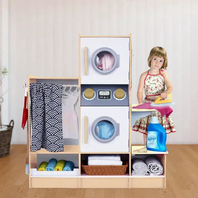 Alt view image 7 of 7 - Lil Jumbl Kids Washer and Dryer Playset, Wooden Children's Pretend Laundry Set, Includes Broom, Dustpan, Iron, Hangers & Basket, Realistic Laundry Room for Kids - Natural