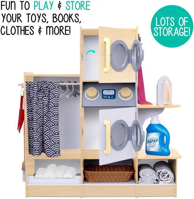 Alt view image 6 of 7 - Lil Jumbl Kids Washer and Dryer Playset, Wooden Children's Pretend Laundry Set, Includes Broom, Dustpan, Iron, Hangers & Basket, Realistic Laundry Room for Kids - Natural