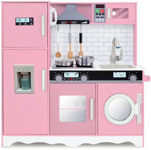 Main image of Lil Jumbl Kids Pink Kitchen Set, Pretend Wooden Play Kitchen, Battery Operated Icemaker, Microwave, Range Hood, Stove Top, Oven, with Realistic Sound & Lights, Pots, Pan, & Utensils Included