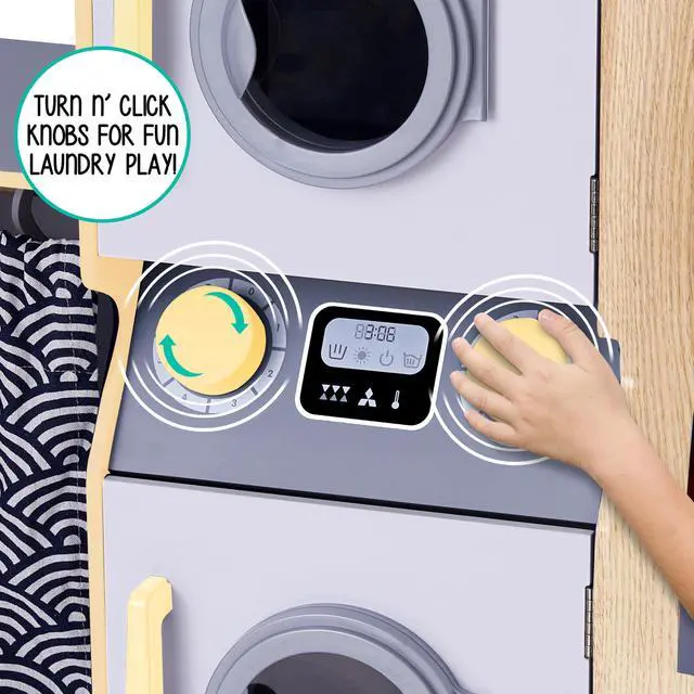 Alt view image 5 of 7 - Lil Jumbl Kids Washer and Dryer Playset, Wooden Children's Pretend Laundry Set, Includes Broom, Dustpan, Iron, Hangers & Basket, Realistic Laundry Room for Kids - Natural