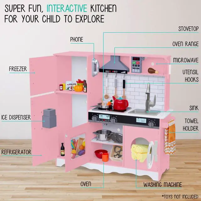 Alt view image 2 of 7 - Lil Jumbl Kids Pink Kitchen Set, Pretend Wooden Play Kitchen, Battery Operated Icemaker, Microwave, Range Hood, Stove Top, Oven, with Realistic Sound & Lights, Pots, Pan, & Utensils Included