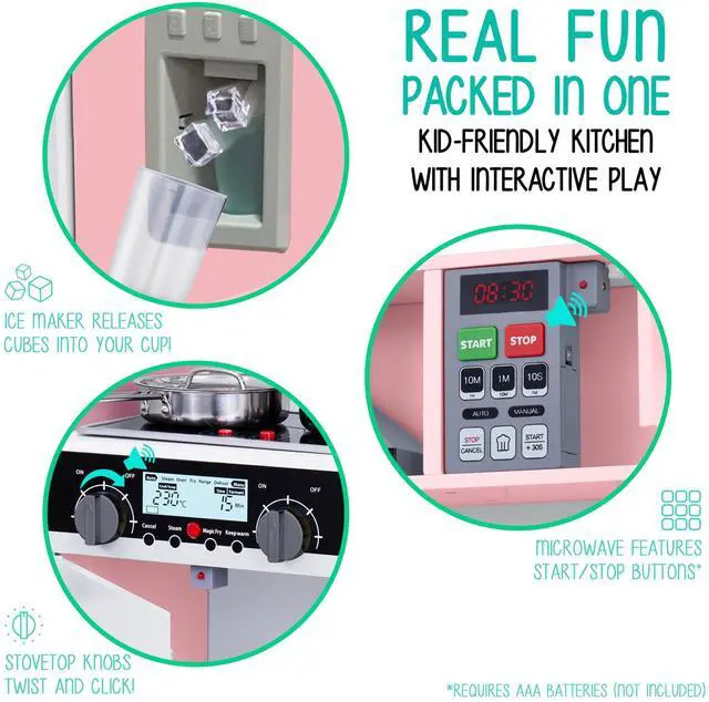 Alt view image 3 of 7 - Lil Jumbl Kids Pink Kitchen Set, Pretend Wooden Play Kitchen, Battery Operated Icemaker, Microwave, Range Hood, Stove Top, Oven, with Realistic Sound & Lights, Pots, Pan, & Utensils Included