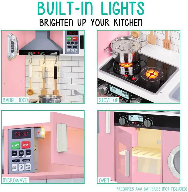 Alt view image 5 of 7 - Lil Jumbl Kids Pink Kitchen Set, Pretend Wooden Play Kitchen, Battery Operated Icemaker, Microwave, Range Hood, Stove Top, Oven, with Realistic Sound & Lights, Pots, Pan, & Utensils Included