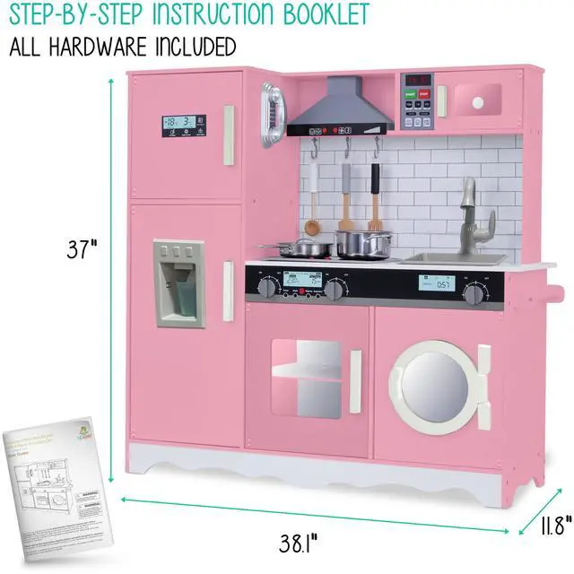 Alt view image 6 of 7 - Lil Jumbl Kids Pink Kitchen Set, Pretend Wooden Play Kitchen, Battery Operated Icemaker, Microwave, Range Hood, Stove Top, Oven, with Realistic Sound & Lights, Pots, Pan, & Utensils Included
