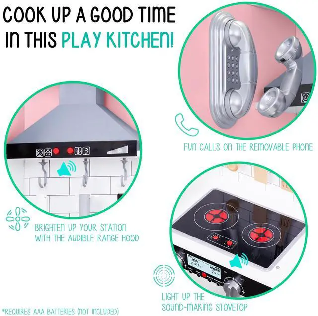 Alt view image 4 of 7 - Lil Jumbl Kids Pink Kitchen Set, Pretend Wooden Play Kitchen, Battery Operated Icemaker, Microwave, Range Hood, Stove Top, Oven, with Realistic Sound & Lights, Pots, Pan, & Utensils Included