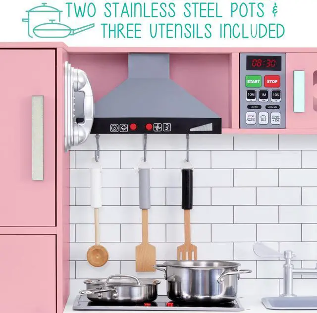 Alt view image 7 of 7 - Lil Jumbl Kids Pink Kitchen Set, Pretend Wooden Play Kitchen, Battery Operated Icemaker, Microwave, Range Hood, Stove Top, Oven, with Realistic Sound & Lights, Pots, Pan, & Utensils Included