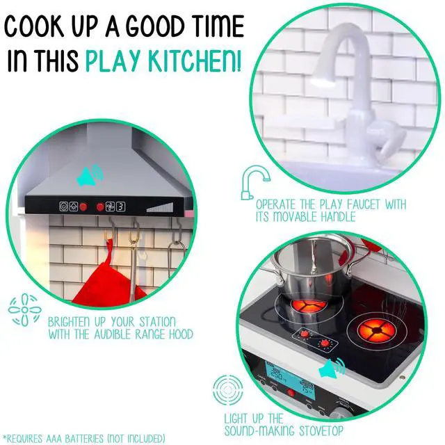 Alt view image 2 of 7 - Lil' Jumbl Kids White Small Kitchen Set, Pretend Wooden Play Kitchen, Includes Range Hood, Microwave, Stove Top, Oven That Make Realistic Sound & Light, Pots, Pan, Cutting Board & Utensils Included,