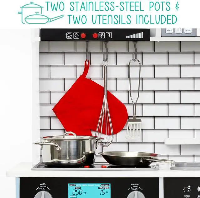 Alt view image 4 of 7 - Lil' Jumbl Kids White Small Kitchen Set, Pretend Wooden Play Kitchen, Includes Range Hood, Microwave, Stove Top, Oven That Make Realistic Sound & Light, Pots, Pan, Cutting Board & Utensils Included,