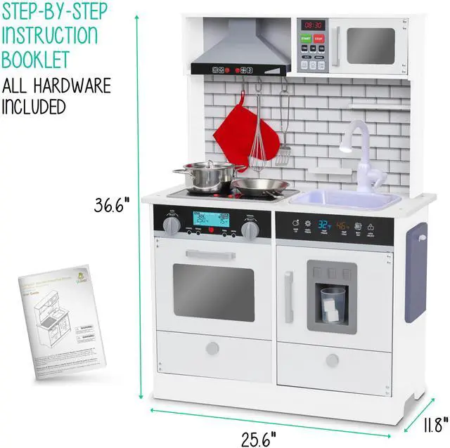 Alt view image 5 of 7 - Lil' Jumbl Kids White Small Kitchen Set, Pretend Wooden Play Kitchen, Includes Range Hood, Microwave, Stove Top, Oven That Make Realistic Sound & Light, Pots, Pan, Cutting Board & Utensils Included,