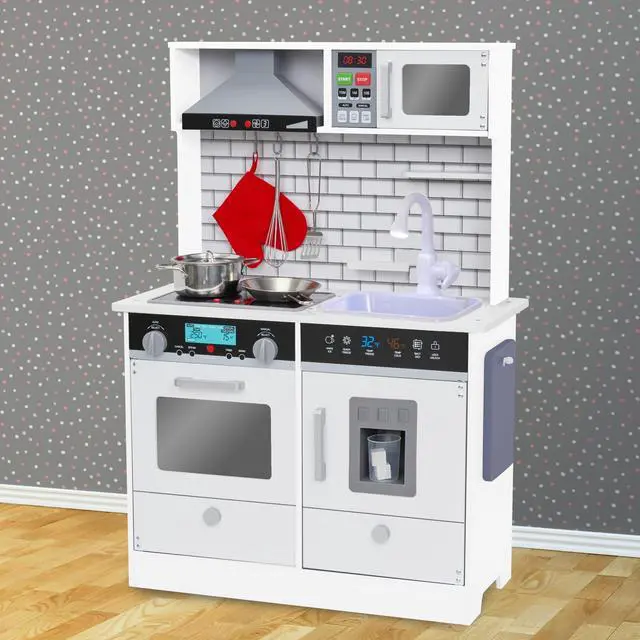 Alt view image 7 of 7 - Lil' Jumbl Kids White Small Kitchen Set, Pretend Wooden Play Kitchen, Includes Range Hood, Microwave, Stove Top, Oven That Make Realistic Sound & Light, Pots, Pan, Cutting Board & Utensils Included,