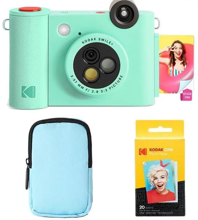 Main image of KODAK Smile+ 2-in-1 Digital Instant Print Camera & Wireless Bluetooth Photo Printer Starter Bundle + Deluxe Case + Zink 20pk Sticky-Back Photo Paper - 10MP, Special-Effect Rotating Lens - Green