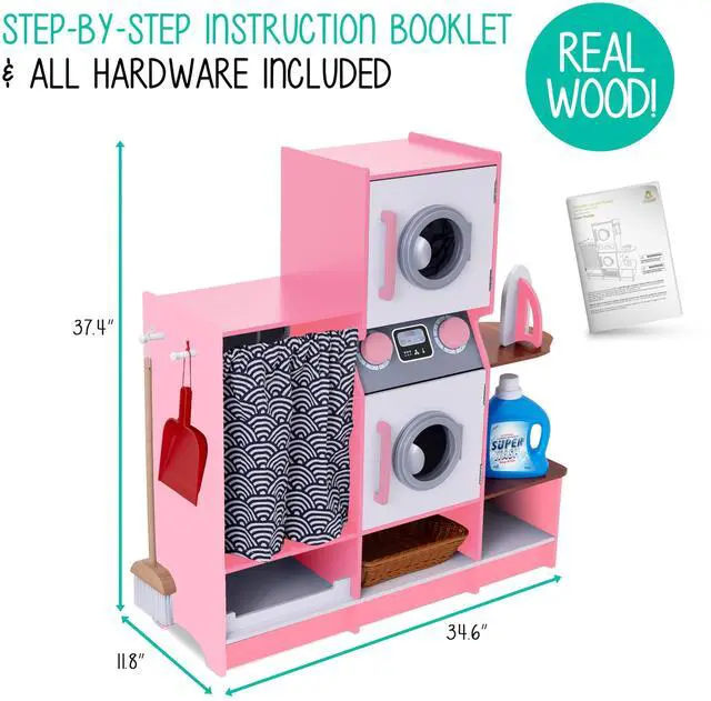 Alt view image 3 of 7 - Lil Jumbl Kids Washer and Dryer Playset, Wooden Children's Pretend Laundry Set, Includes Broom, Dustpan, Iron, Hangers & Basket, Realistic Laundry Room for Kids - Pink