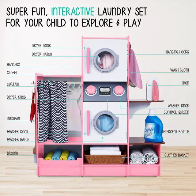 Alt view image 2 of 7 - Lil Jumbl Kids Washer and Dryer Playset, Wooden Children's Pretend Laundry Set, Includes Broom, Dustpan, Iron, Hangers & Basket, Realistic Laundry Room for Kids - Pink