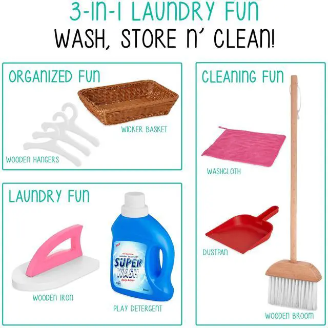 Alt view image 4 of 7 - Lil Jumbl Kids Washer and Dryer Playset, Wooden Children's Pretend Laundry Set, Includes Broom, Dustpan, Iron, Hangers & Basket, Realistic Laundry Room for Kids - Pink