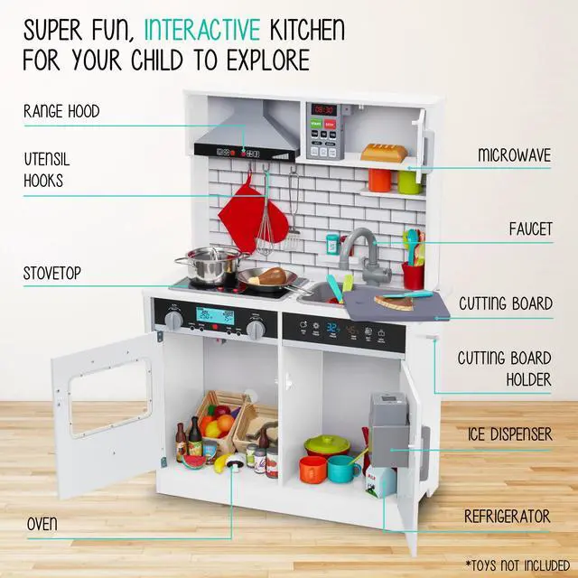 Alt view image 6 of 7 - Lil' Jumbl Kids White Small Kitchen Set, Pretend Wooden Play Kitchen, Includes Range Hood, Microwave, Stove Top, Oven That Make Realistic Sound & Light, Pots, Pan, Cutting Board & Utensils Included,