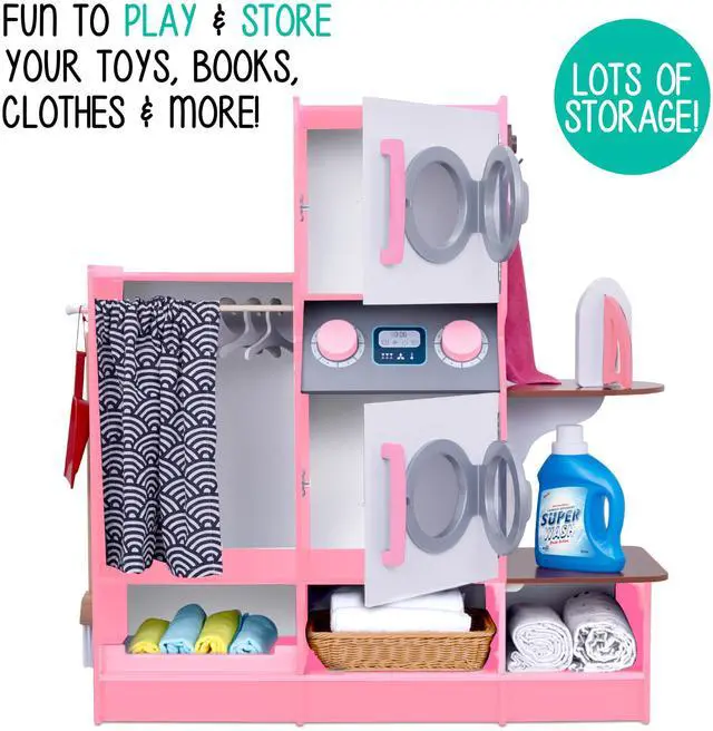Alt view image 5 of 7 - Lil Jumbl Kids Washer and Dryer Playset, Wooden Children's Pretend Laundry Set, Includes Broom, Dustpan, Iron, Hangers & Basket, Realistic Laundry Room for Kids - Pink