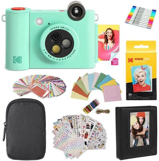 Main image of KODAK Smile+ 2-in-1 Digital Instant Print Camera & Photo Printer Gift Bundle + Case + Zink 2x3" Sticky Back Photo Paper 20pk + Album + Sticker Sets + Sticker Frames + Hanging Frames + Markers - Green