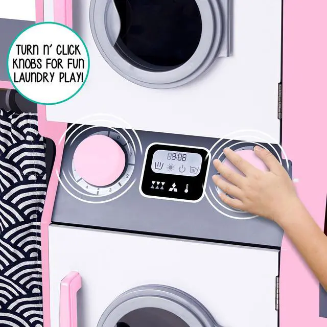 Alt view image 6 of 7 - Lil Jumbl Kids Washer and Dryer Playset, Wooden Children's Pretend Laundry Set, Includes Broom, Dustpan, Iron, Hangers & Basket, Realistic Laundry Room for Kids - Pink