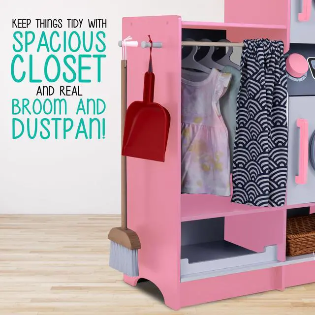Alt view image 7 of 7 - Lil Jumbl Kids Washer and Dryer Playset, Wooden Children's Pretend Laundry Set, Includes Broom, Dustpan, Iron, Hangers & Basket, Realistic Laundry Room for Kids - Pink
