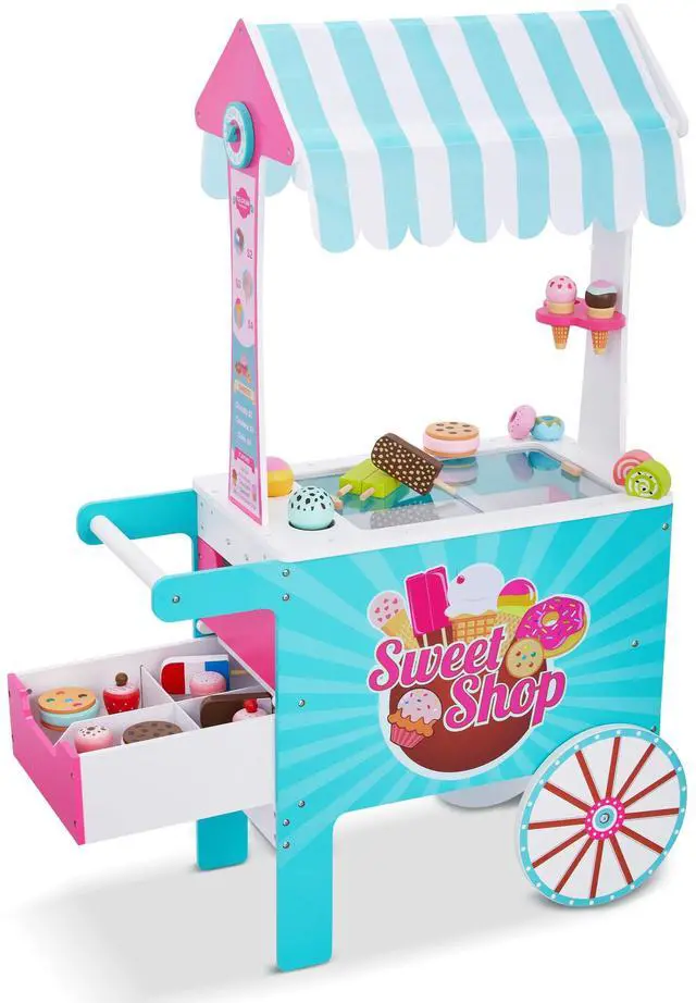 Main image of Lil Jumbl Wooden Sweet Treats Playset, Kids Play Pretend Dessert Stand Push Cart w/ 20+ Ice Cream Cone, Popsicle & Cupcake Accessories, Food Displays, Awning, Freezer, Storage Drawers, Clock & Menus