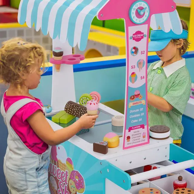 Alt view image 2 of 7 - Lil Jumbl Wooden Sweet Treats Playset, Kids Play Pretend Dessert Stand Push Cart w/ 20+ Ice Cream Cone, Popsicle & Cupcake Accessories, Food Displays, Awning, Freezer, Storage Drawers, Clock & Menus