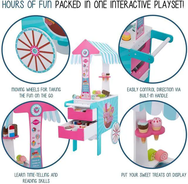 Alt view image 3 of 7 - Lil Jumbl Wooden Sweet Treats Playset, Kids Play Pretend Dessert Stand Push Cart w/ 20+ Ice Cream Cone, Popsicle & Cupcake Accessories, Food Displays, Awning, Freezer, Storage Drawers, Clock & Menus
