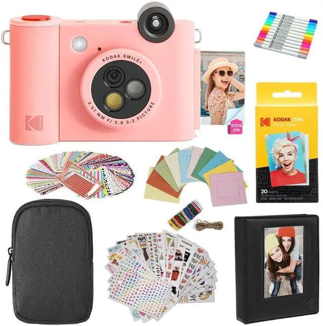 Main image of Smile+ 2-in-1 Digital Instant Print Camera & Photo Printer Gift Bundle + Case + Zink 2x3 Sticky Back Photo Paper 20pk + Album + Sticker Sets + Sticker Frames + Hanging Frames + Markers - Pink