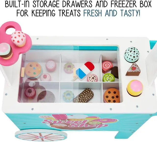 Alt view image 6 of 7 - Lil Jumbl Wooden Sweet Treats Playset, Kids Play Pretend Dessert Stand Push Cart w/ 20+ Ice Cream Cone, Popsicle & Cupcake Accessories, Food Displays, Awning, Freezer, Storage Drawers, Clock & Menus