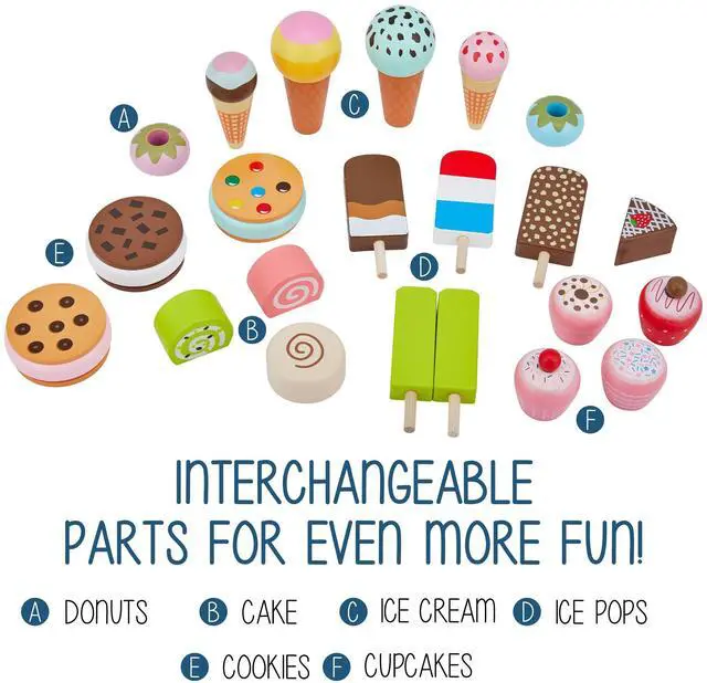Alt view image 5 of 7 - Lil Jumbl Wooden Sweet Treats Playset, Kids Play Pretend Dessert Stand Push Cart w/ 20+ Ice Cream Cone, Popsicle & Cupcake Accessories, Food Displays, Awning, Freezer, Storage Drawers, Clock & Menus