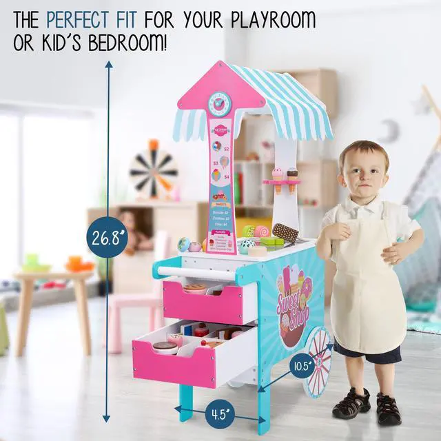 Alt view image 4 of 7 - Lil Jumbl Wooden Sweet Treats Playset, Kids Play Pretend Dessert Stand Push Cart w/ 20+ Ice Cream Cone, Popsicle & Cupcake Accessories, Food Displays, Awning, Freezer, Storage Drawers, Clock & Menus