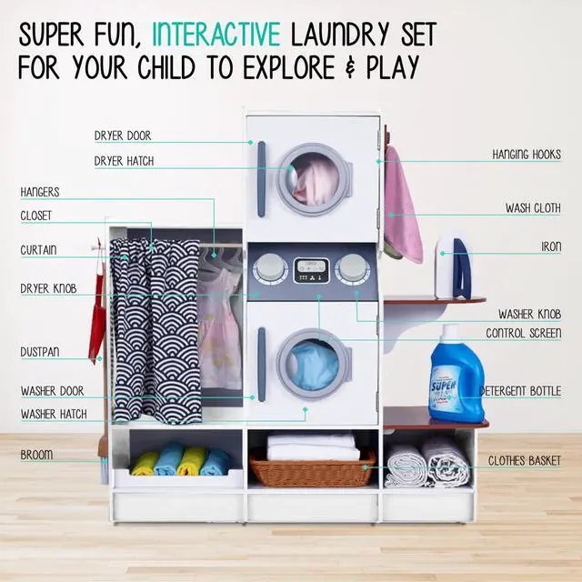 Alt view image 2 of 7 - Lil Jumbl Kids Washer and Dryer Playset, Wooden Children's Pretend Laundry Set, Includes Broom, Dustpan, Iron, Hangers & Basket, Realistic Laundry Room for Kids - White