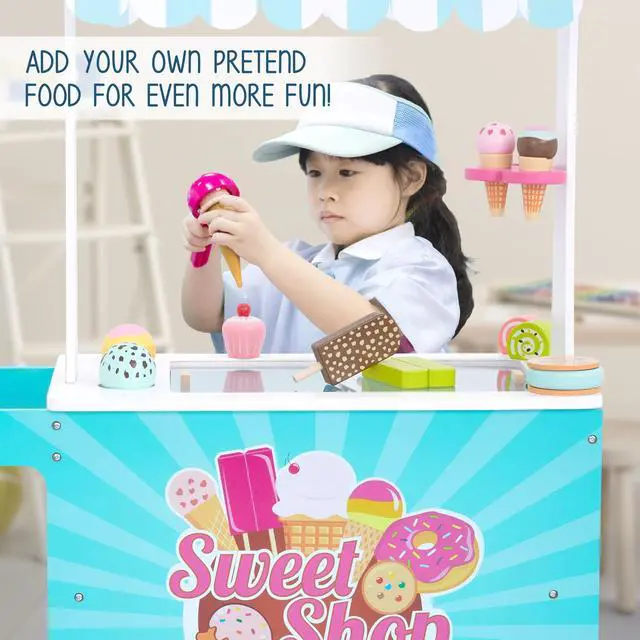 Alt view image 7 of 7 - Lil Jumbl Wooden Sweet Treats Playset, Kids Play Pretend Dessert Stand Push Cart w/ 20+ Ice Cream Cone, Popsicle & Cupcake Accessories, Food Displays, Awning, Freezer, Storage Drawers, Clock & Menus