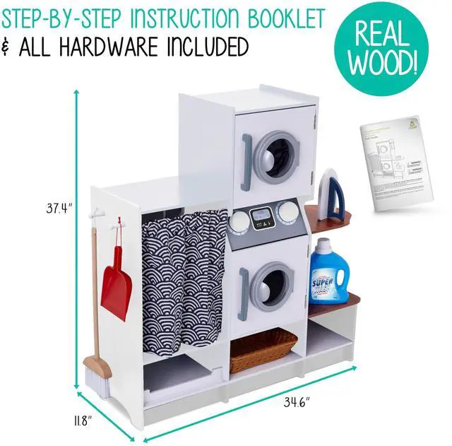 Alt view image 3 of 7 - Lil Jumbl Kids Washer and Dryer Playset, Wooden Children's Pretend Laundry Set, Includes Broom, Dustpan, Iron, Hangers & Basket, Realistic Laundry Room for Kids - White