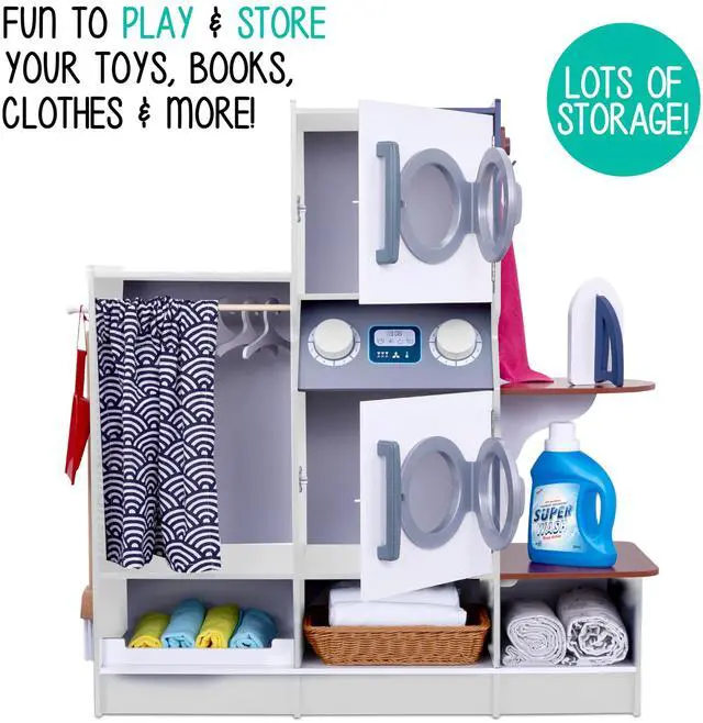 Alt view image 5 of 7 - Lil Jumbl Kids Washer and Dryer Playset, Wooden Children's Pretend Laundry Set, Includes Broom, Dustpan, Iron, Hangers & Basket, Realistic Laundry Room for Kids - White