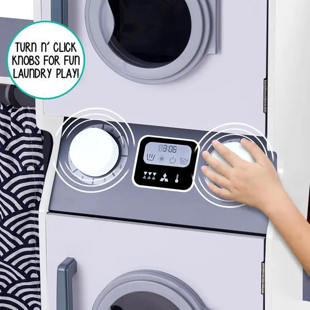 Alt view image 7 of 7 - Lil Jumbl Kids Washer and Dryer Playset, Wooden Children's Pretend Laundry Set, Includes Broom, Dustpan, Iron, Hangers & Basket, Realistic Laundry Room for Kids - White