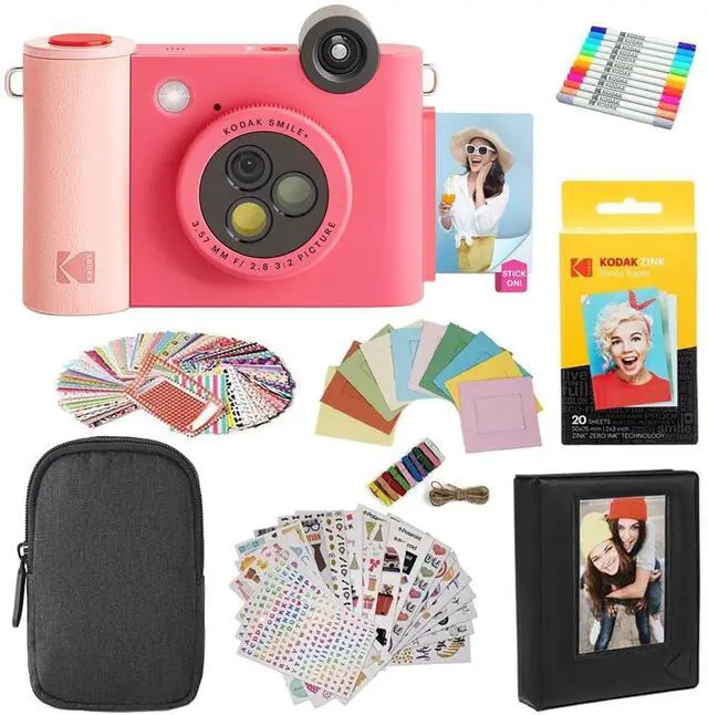 Main image of Smile+ 2-in-1 Digital Instant Print Camera & Printer Gift Bundle + Case + Zink 2x3 Sticky Back Photo Paper 20pk + Album + Sticker Sets + Sticker Frames + Hanging Frames + Markers - Fuchsia