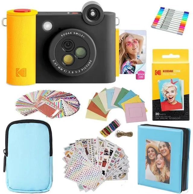 Main image of KODAK Smile+ 2-in-1 Digital Instant Print Camera & Photo Printer Gift Bundle + Case + Zink 2x3" Sticky Back Photo Paper 20pk + Album + Sticker Frames + Hanging Frames + Sticker Sets + Markers - Black